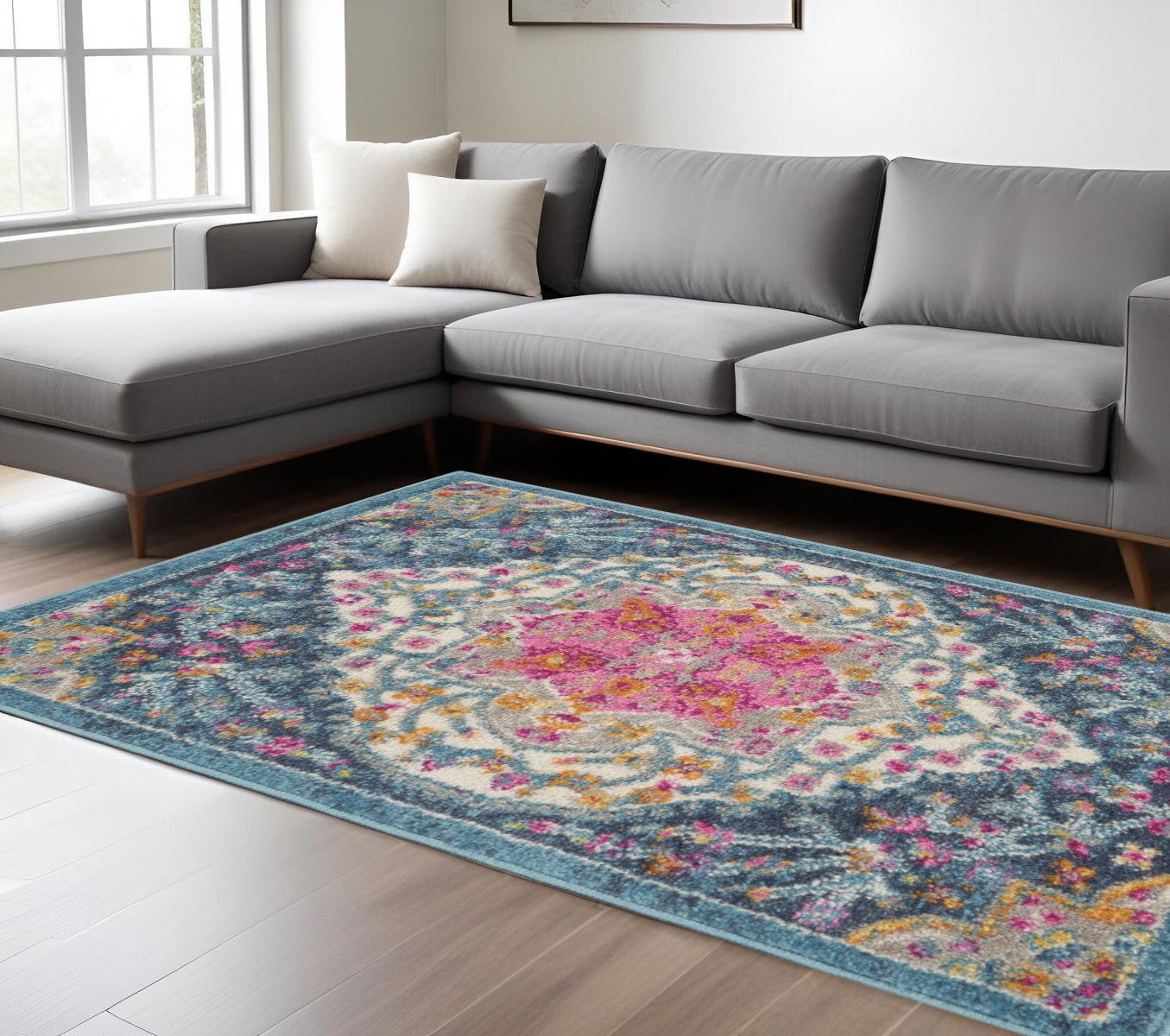 8' X 10' Blue And Ivory Medallion Distressed Area Rug-Area Rugs-DECOROLALA