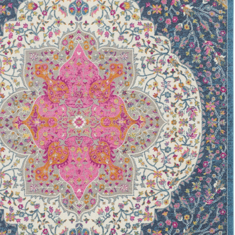 8' X 10' Blue And Ivory Medallion Distressed Area Rug-Area Rugs-DECOROLALA