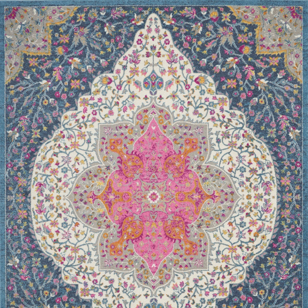 8' X 10' Blue And Ivory Medallion Distressed Area Rug-Area Rugs-DECOROLALA