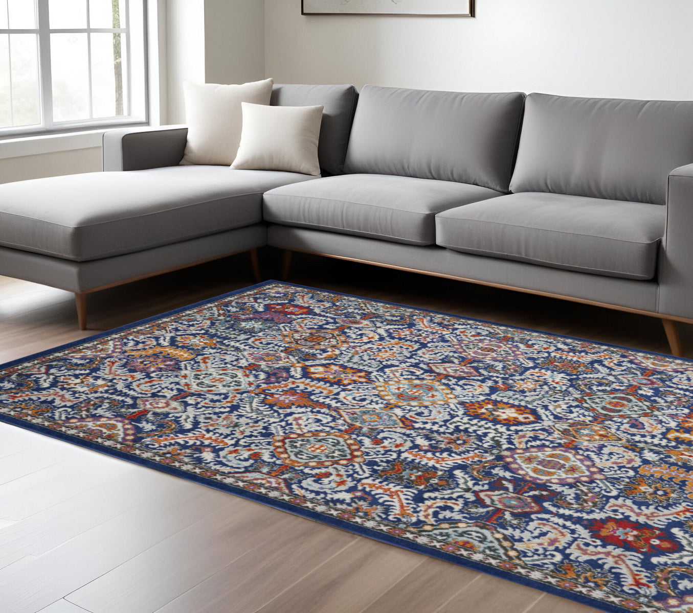 8' X 10' Blue And Ivory Oriental Area Rug-Area Rugs-DECOROLALA