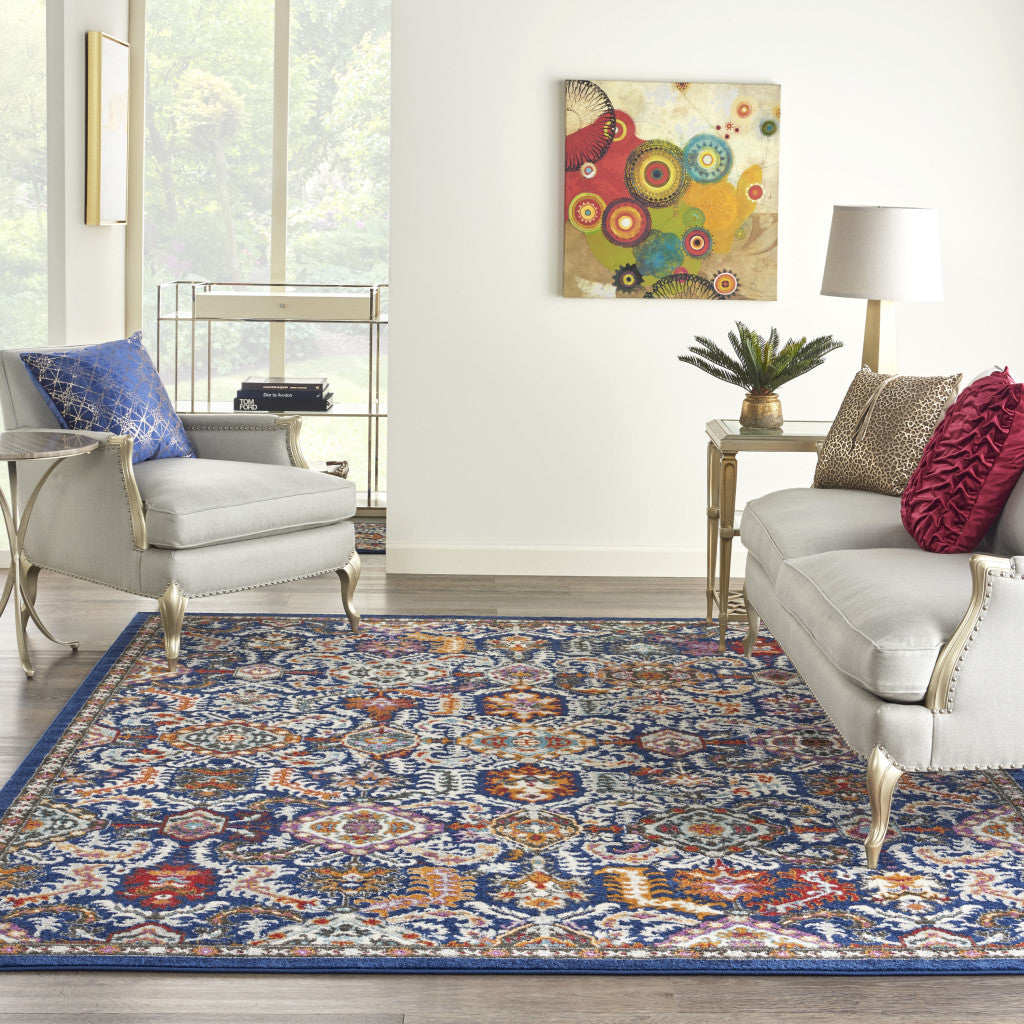 8' X 10' Blue And Ivory Oriental Area Rug-Area Rugs-DECOROLALA