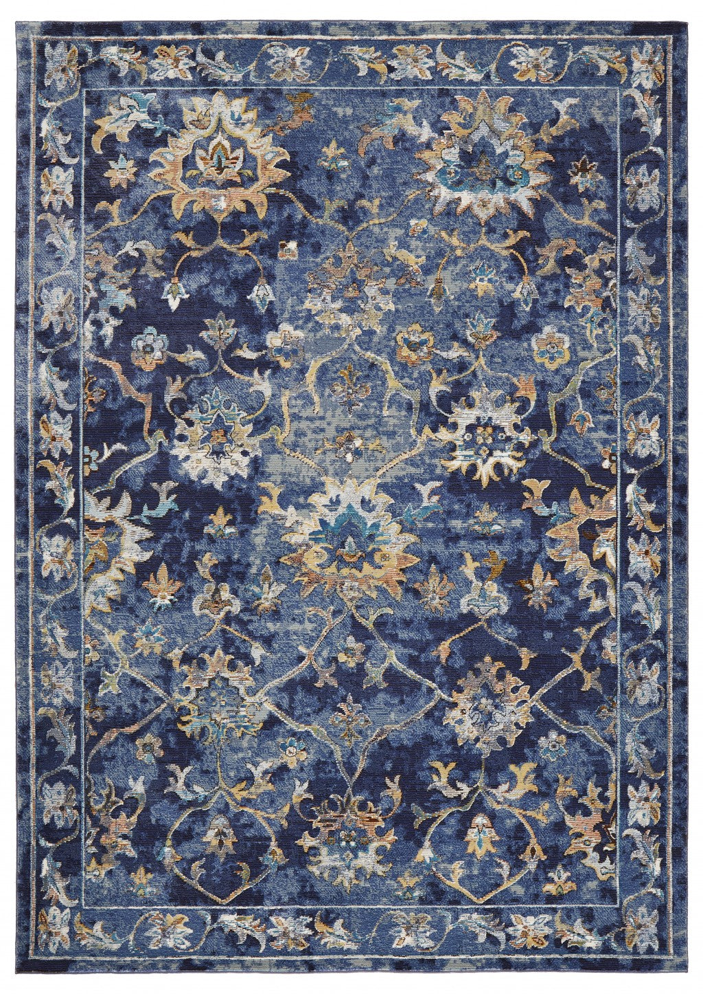 8' X 10' Blue Aqua and Gold Oriental Distressed Area Rug-Area Rugs-DECOROLALA