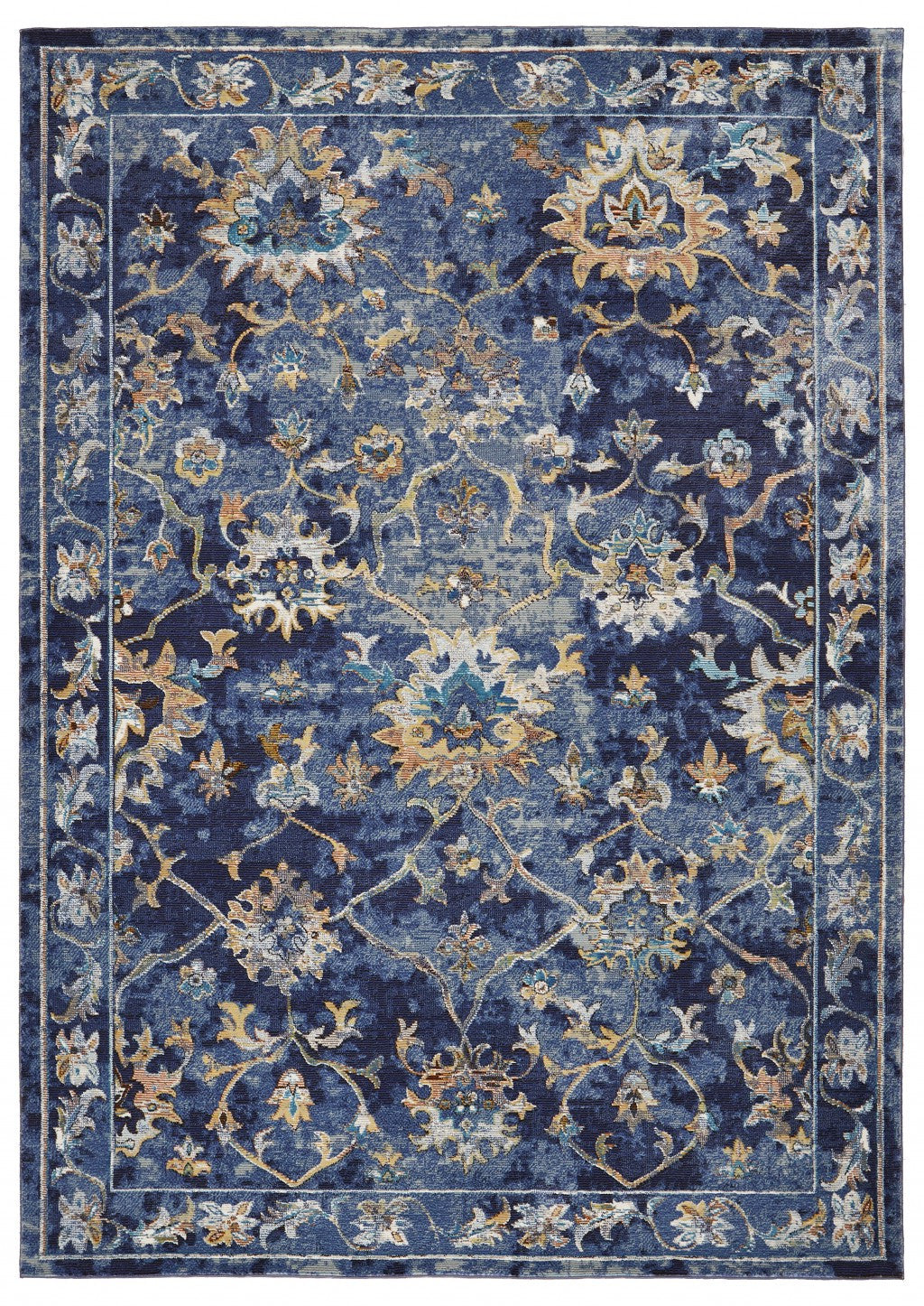 8' X 10' Blue Aqua and Gold Oriental Distressed Area Rug-Area Rugs-DECOROLALA