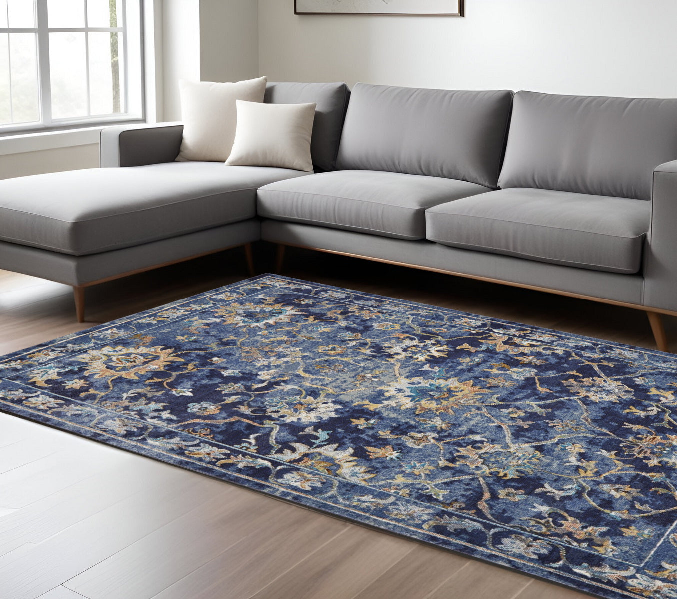 8' X 10' Blue Aqua and Gold Oriental Distressed Area Rug-Area Rugs-DECOROLALA