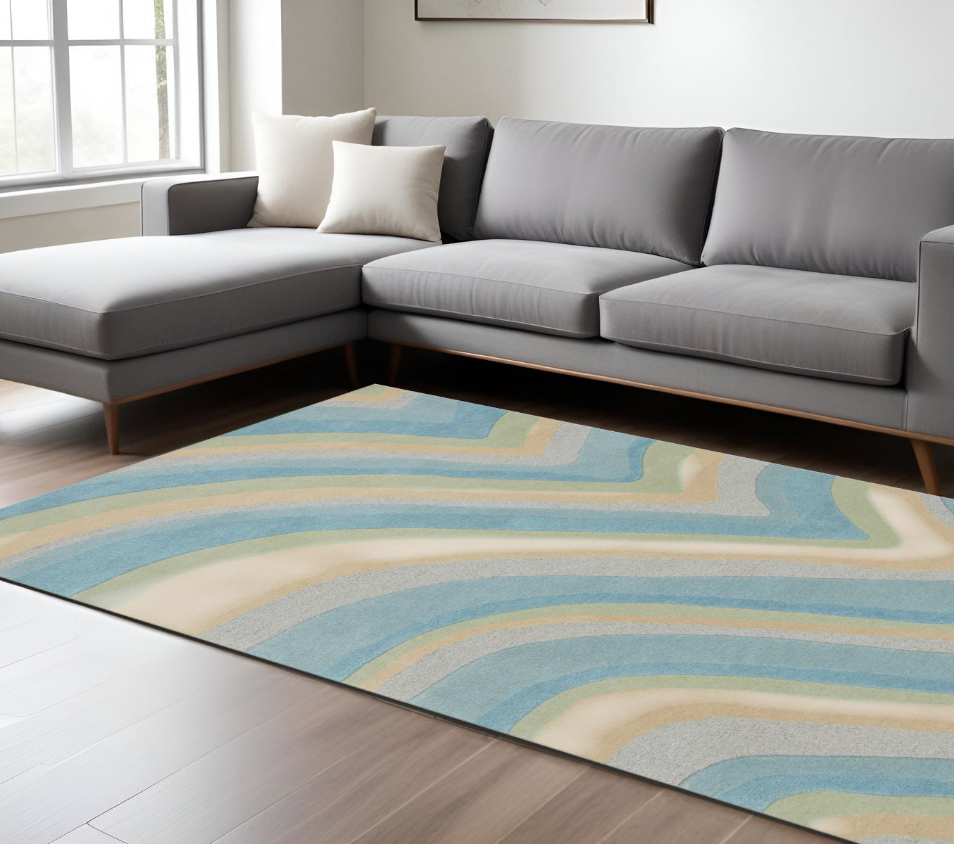 8' X 10' Blue Beige And Green Wool Abstract Hand Tufted Area Rug-Area Rugs-DECOROLALA