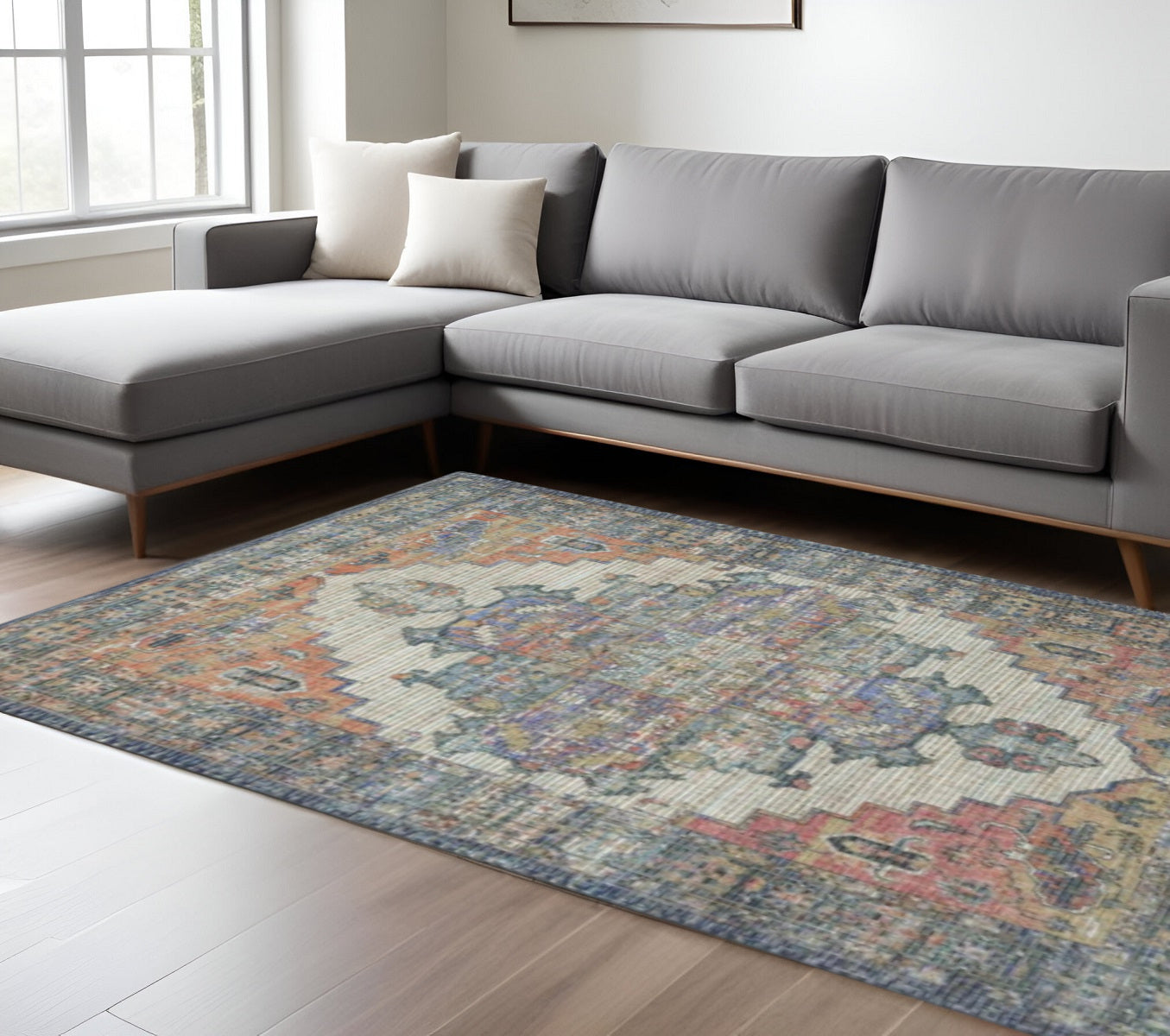 8' X 10' Blue Brick Red And Brown Medallion Hand Woven Distressed Area Rug-Area Rugs-DECOROLALA