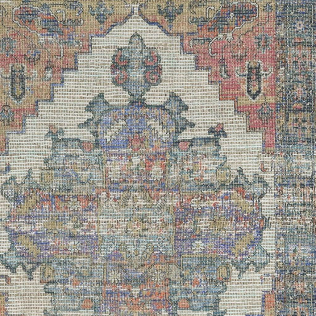 8' X 10' Blue Brick Red And Brown Medallion Hand Woven Distressed Area Rug-Area Rugs-DECOROLALA