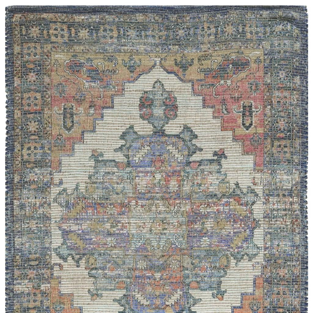 8' X 10' Blue Brick Red And Brown Medallion Hand Woven Distressed Area Rug-Area Rugs-DECOROLALA