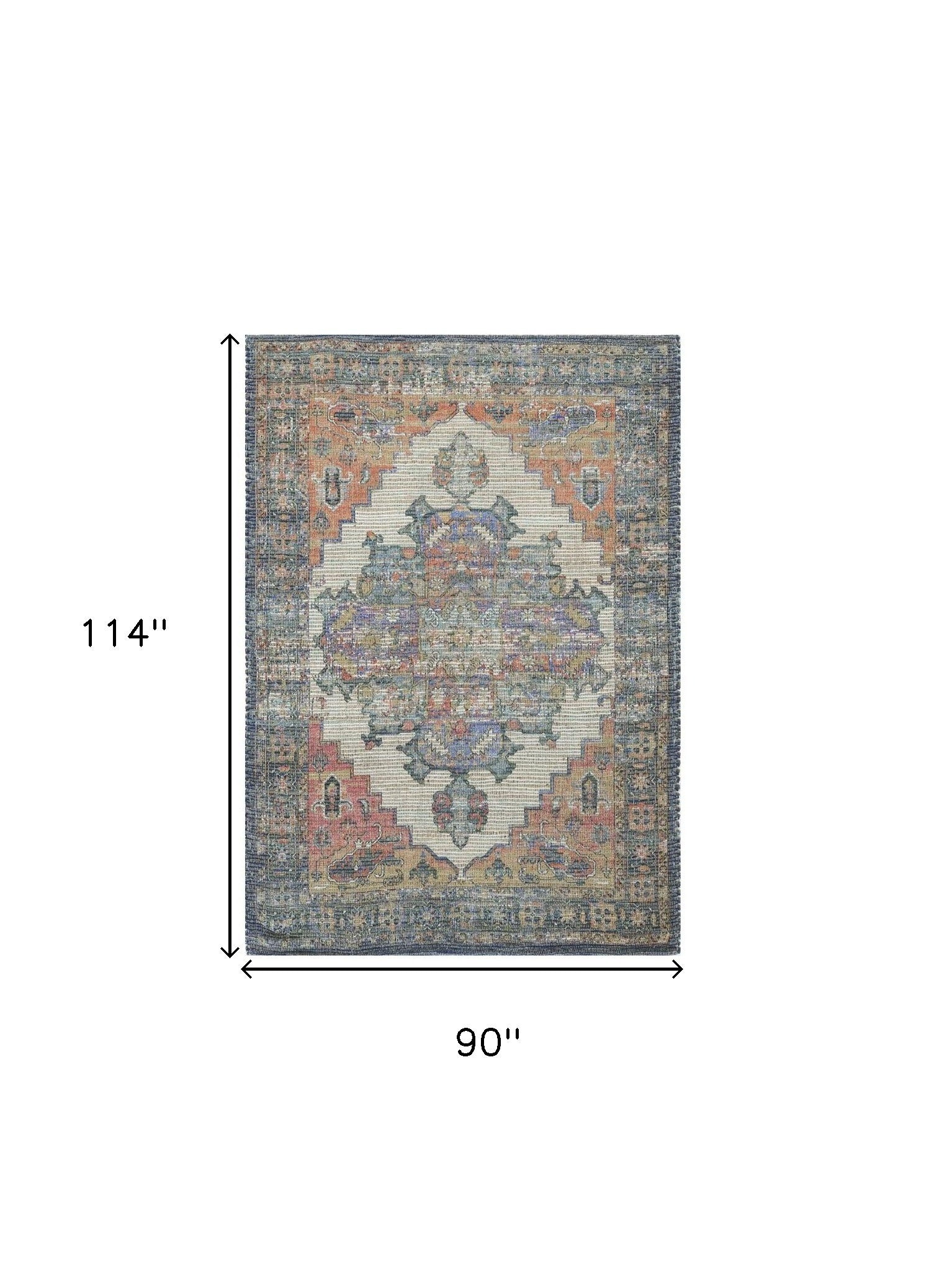 8' X 10' Blue Brick Red And Brown Medallion Hand Woven Distressed Area Rug-Area Rugs-DECOROLALA