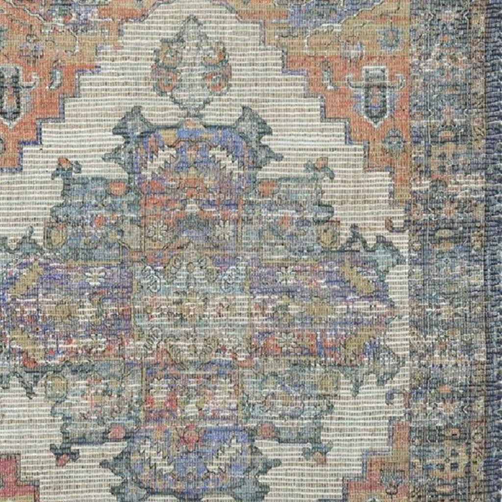 8' X 10' Blue Brick Red And Brown Medallion Hand Woven Distressed Area Rug-Area Rugs-DECOROLALA