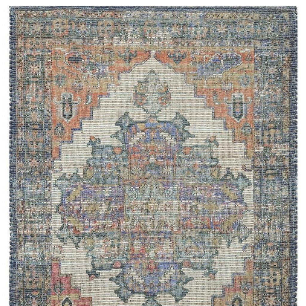 8' X 10' Blue Brick Red And Brown Medallion Hand Woven Distressed Area Rug-Area Rugs-DECOROLALA