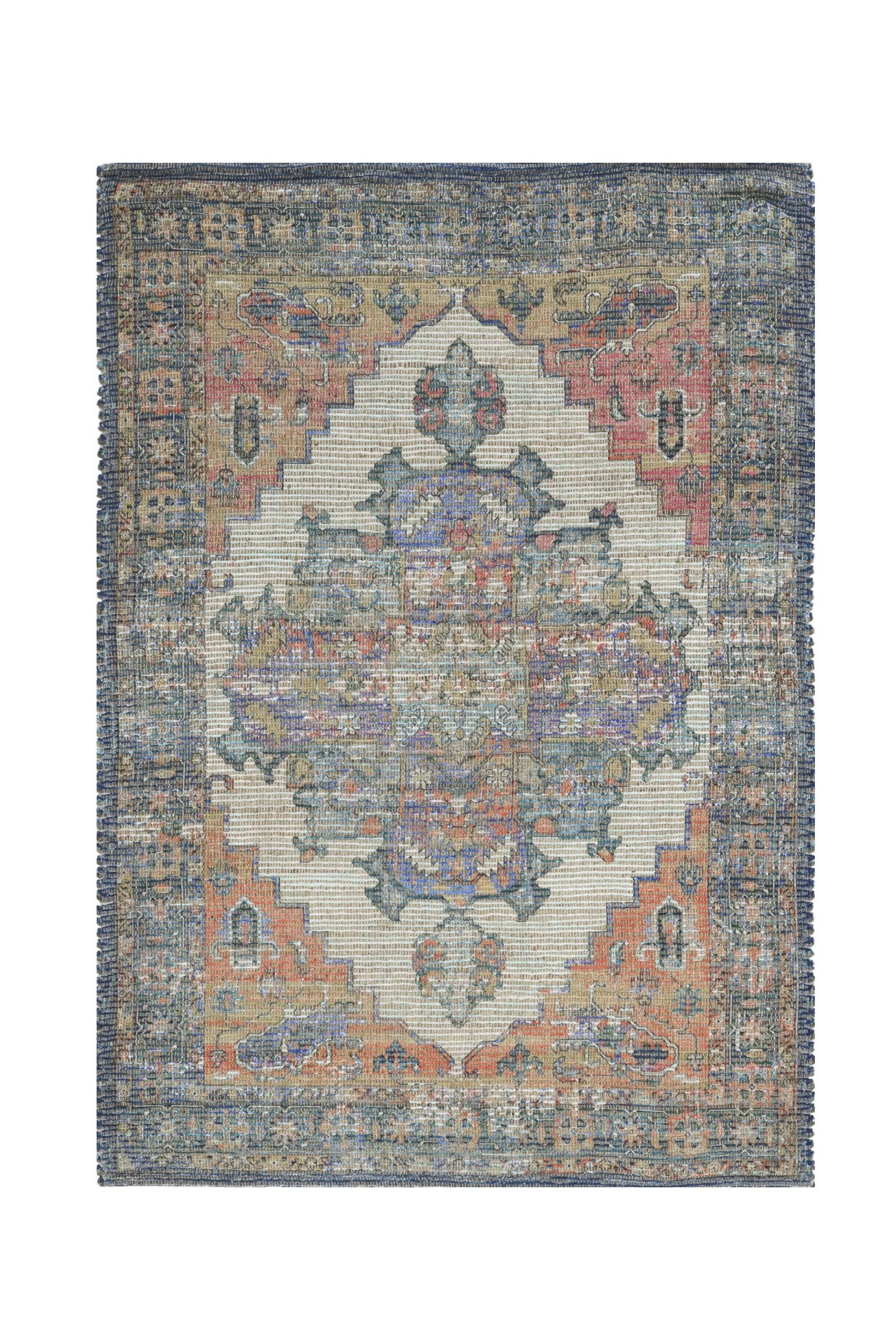 8' X 10' Blue Brick Red And Brown Medallion Hand Woven Distressed Area Rug-Area Rugs-DECOROLALA