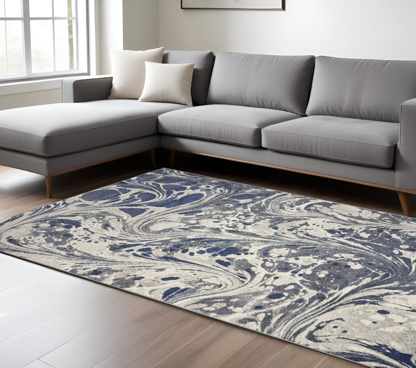 8' X 10' Blue Gray And Ivory Abstract Area Rug-Area Rugs-DECOROLALA