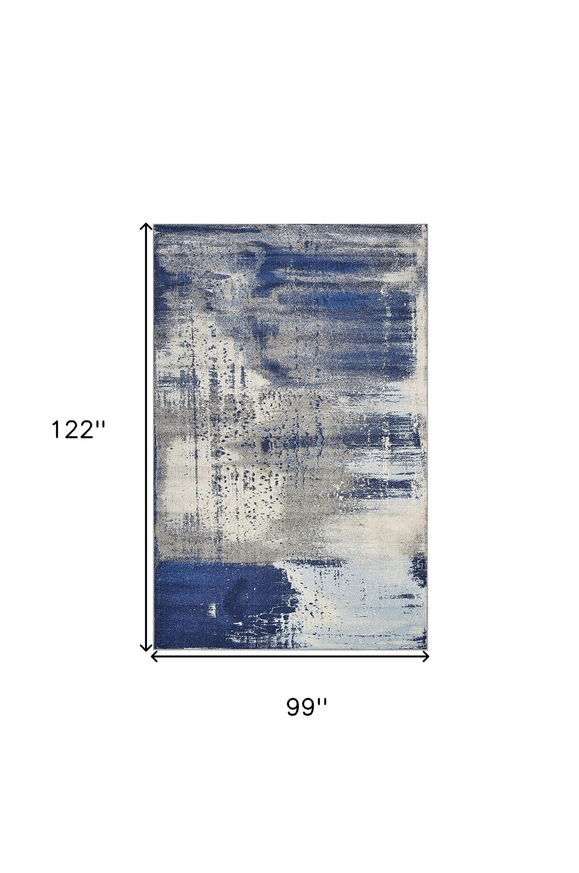 8' X 10' Blue Ivory And Gray Abstract Shag Area Rug-Area Rugs-DECOROLALA