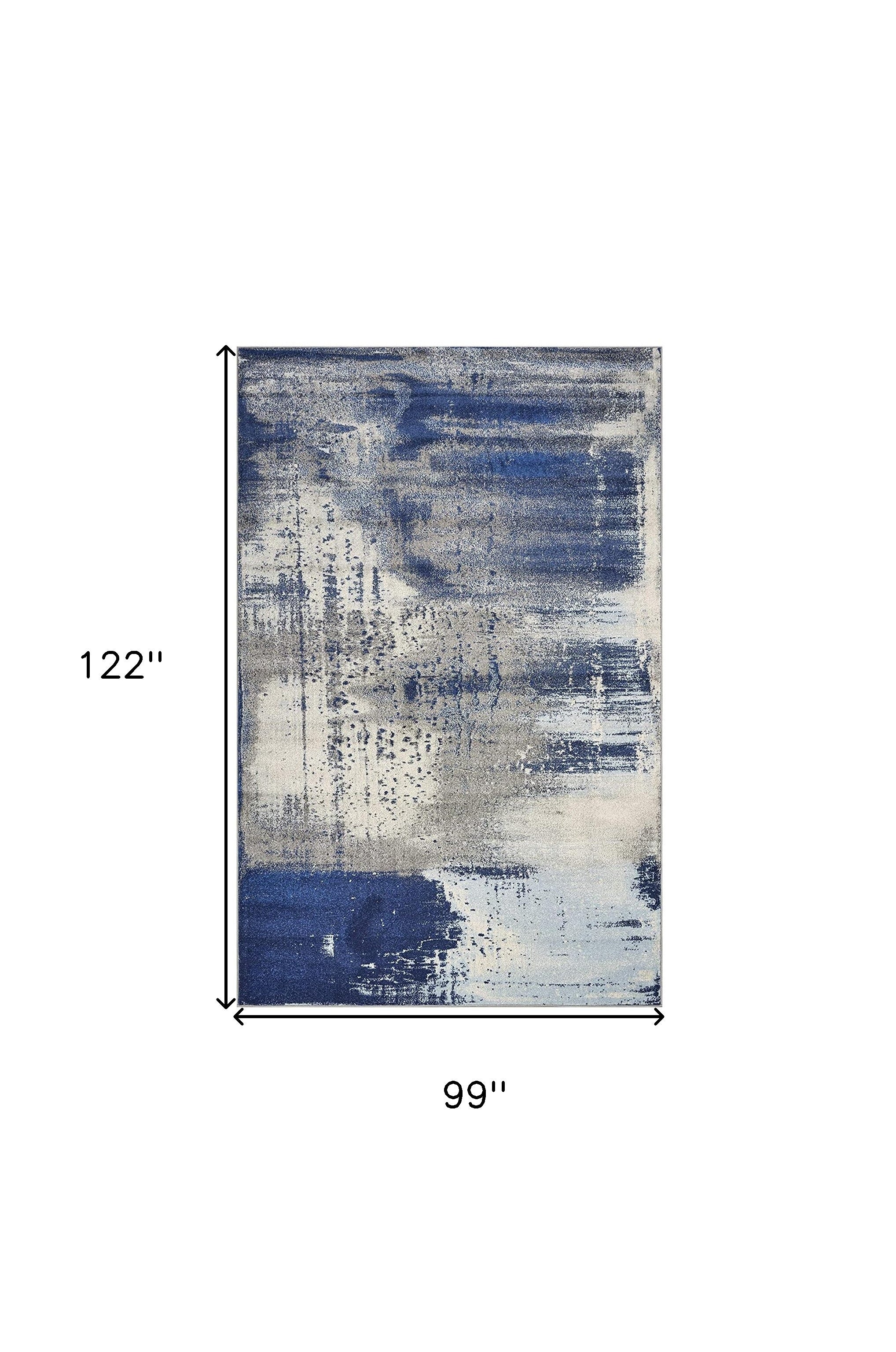 8' X 10' Blue Ivory And Gray Abstract Shag Area Rug-Area Rugs-DECOROLALA