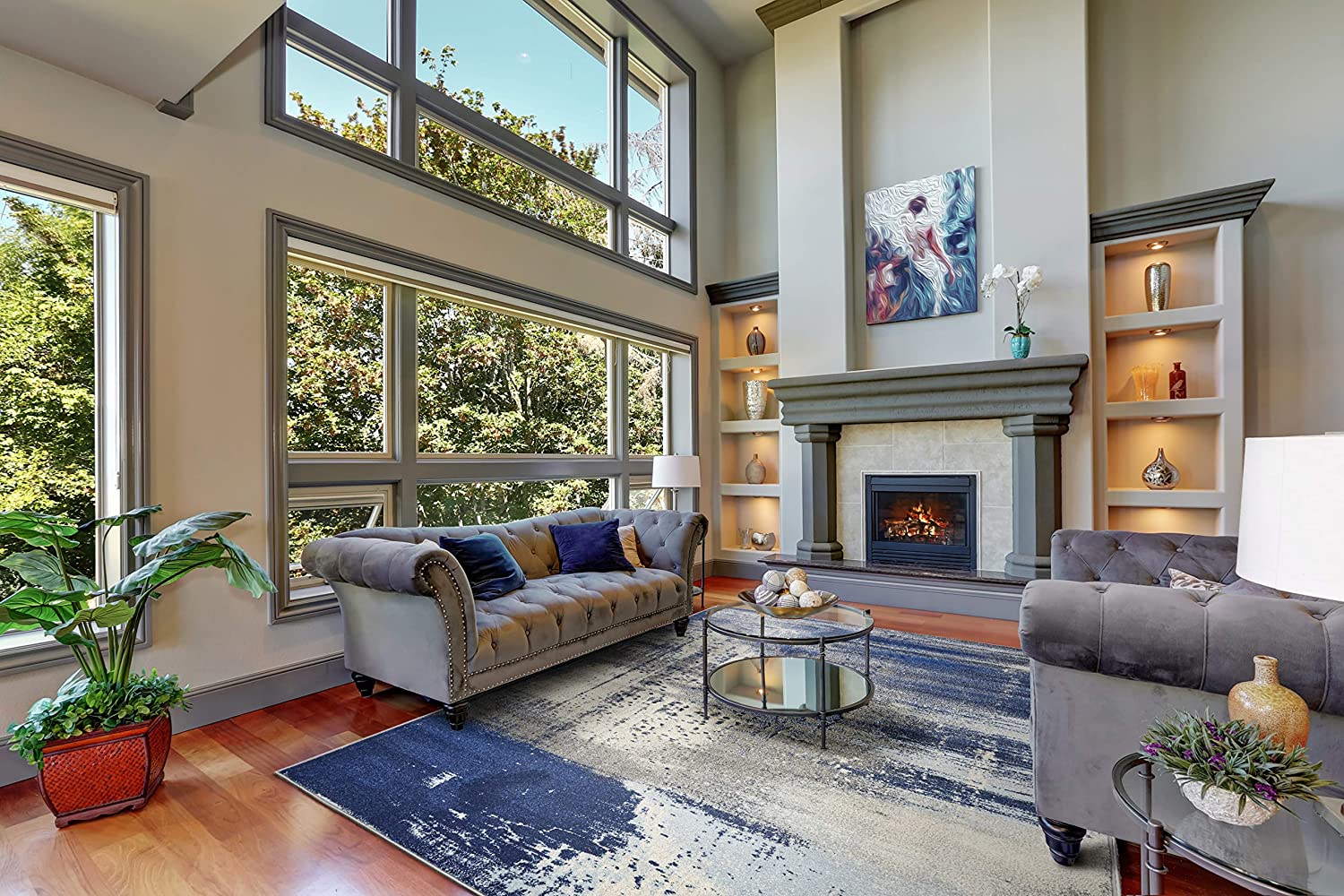 8' X 10' Blue Ivory And Gray Abstract Shag Area Rug-Area Rugs-DECOROLALA