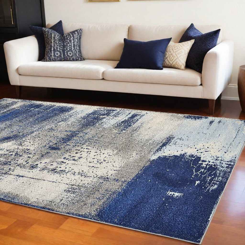 8' X 10' Blue Ivory And Gray Abstract Shag Area Rug-Area Rugs-DECOROLALA