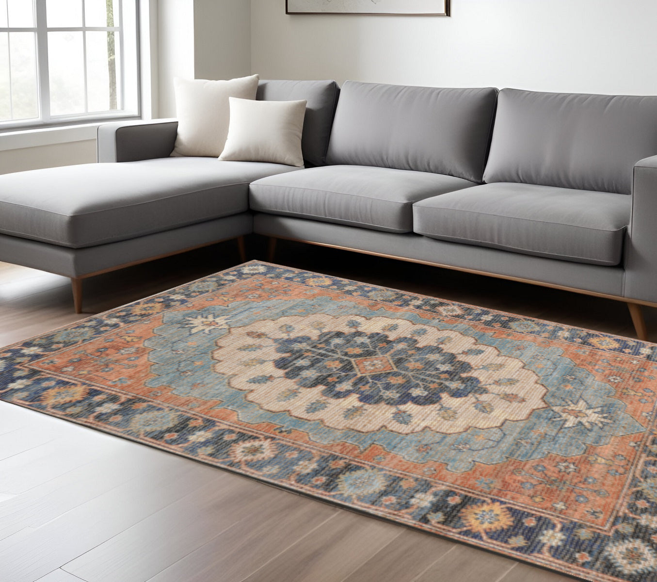 8' X 10' Blue Orange And Black Medallion Hand Woven Distressed Area Rug-Area Rugs-DECOROLALA