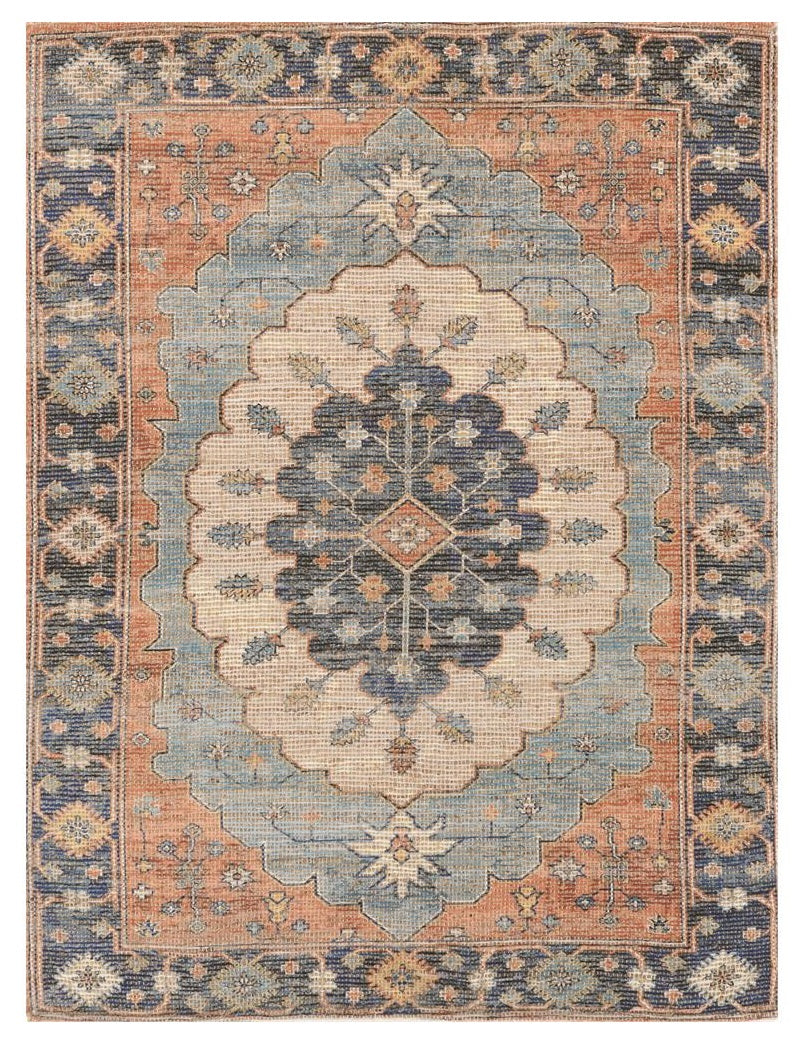 8' X 10' Blue Orange And Black Medallion Hand Woven Distressed Area Rug-Area Rugs-DECOROLALA