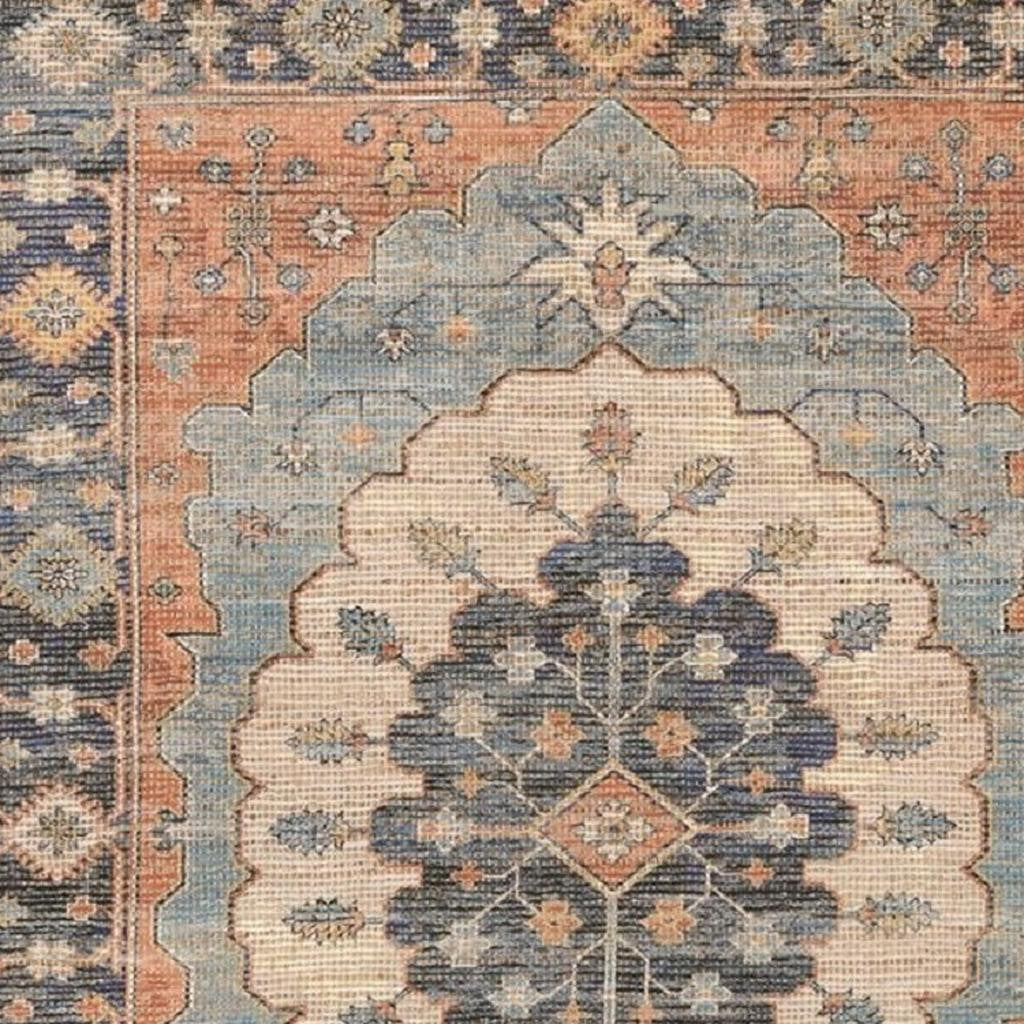 8' X 10' Blue Orange And Black Medallion Hand Woven Distressed Area Rug-Area Rugs-DECOROLALA