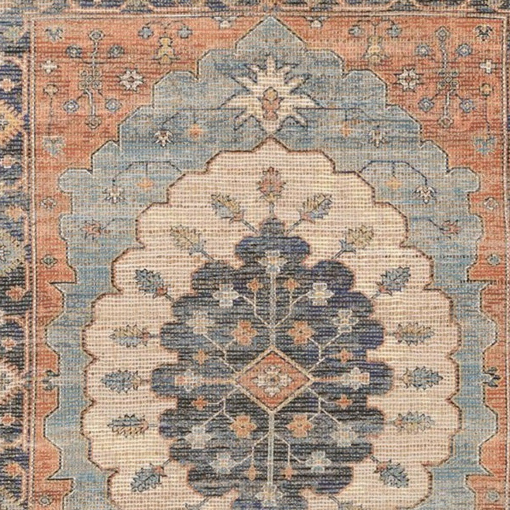 8' X 10' Blue Orange And Black Medallion Hand Woven Distressed Area Rug-Area Rugs-DECOROLALA