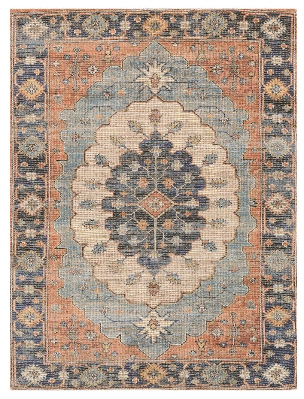 8' X 10' Blue Orange And Black Medallion Hand Woven Distressed Area Rug-Area Rugs-DECOROLALA