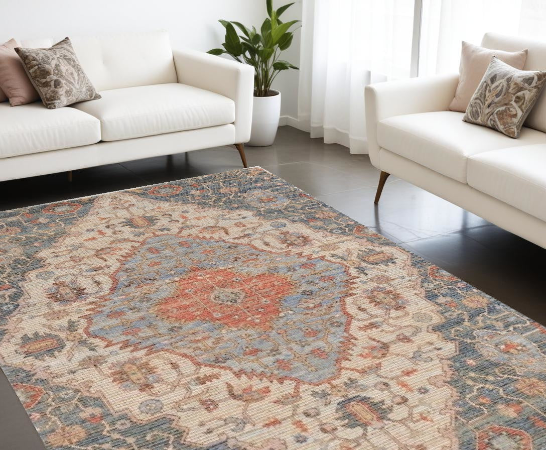 8' X 10' Blue Red Hand Woven Diamond Medallion Indoor Area Rug-Area Rugs-DECOROLALA