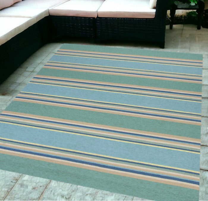 8' X 10' Blue Striped Handmade Indoor Outdoor Area Rug-Outdoor Rugs-DECOROLALA