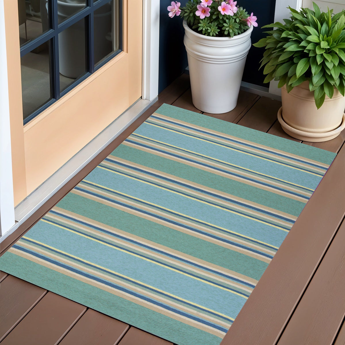 8' X 10' Blue Striped Handmade Indoor Outdoor Area Rug-Outdoor Rugs-DECOROLALA