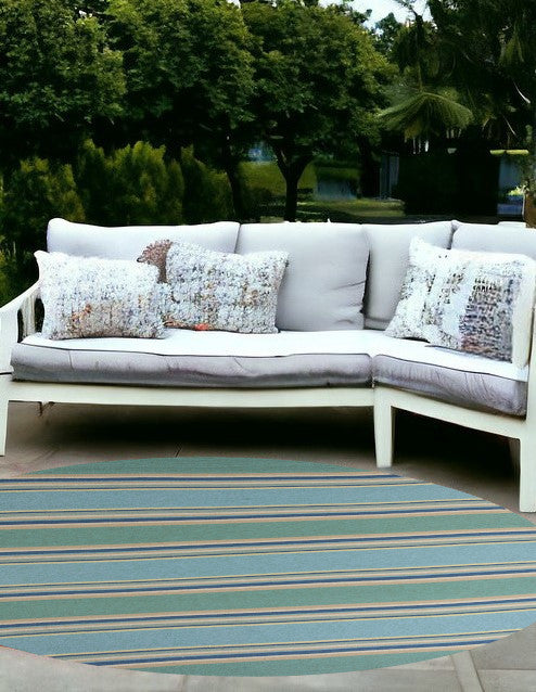 8' X 10' Blue Striped Handmade Indoor Outdoor Area Rug-Outdoor Rugs-DECOROLALA