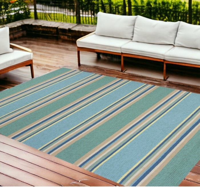 8' X 10' Blue Striped Handmade Indoor Outdoor Area Rug-Outdoor Rugs-DECOROLALA