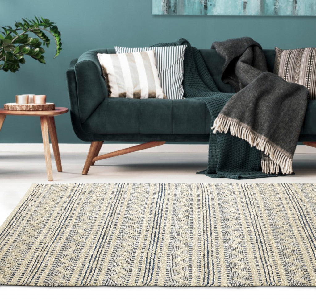 8' X 10' Blue and Beige Chevron Striped Area Rug-Area Rugs-DECOROLALA