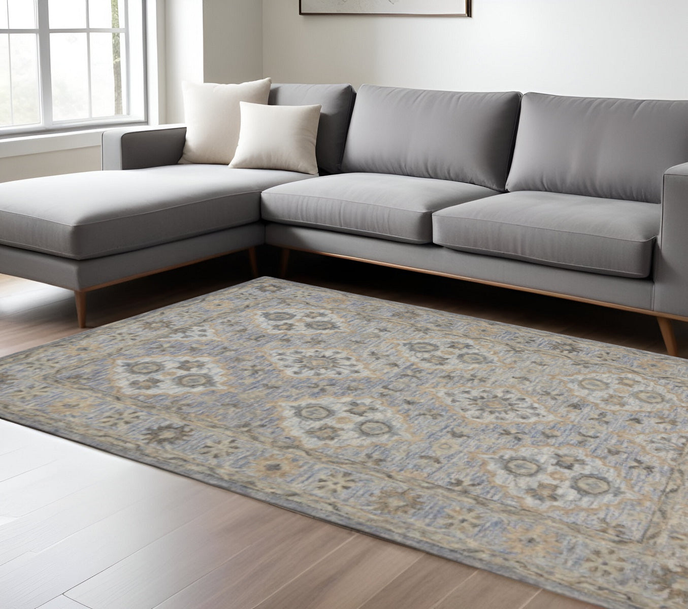 8' X 10' Blue and Tan Traditional Area Rug-Area Rugs-DECOROLALA
