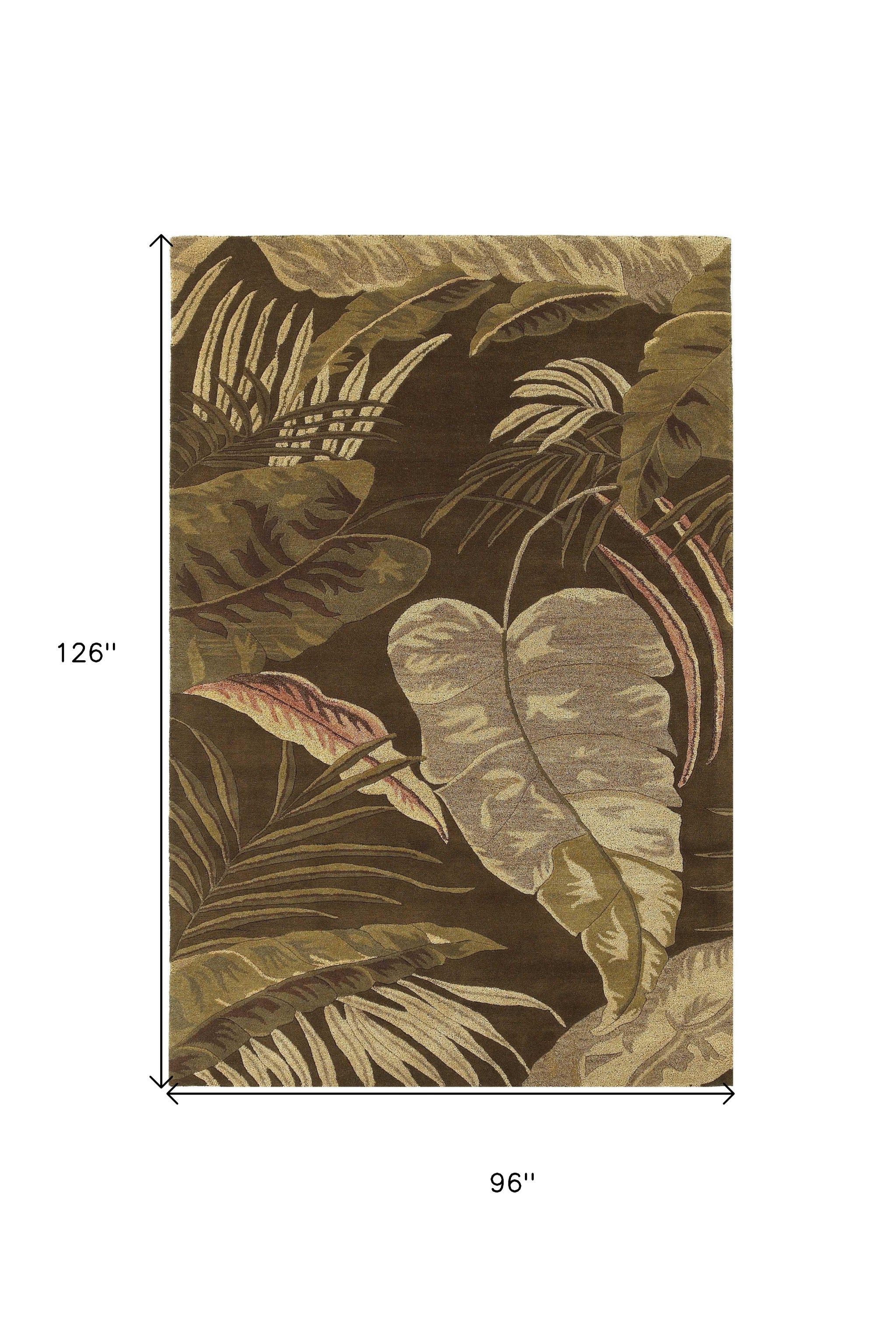 8' X 10' Brown And Beige Wool Botanical Leaves Hand Tufted Area Rug-Area Rugs-DECOROLALA