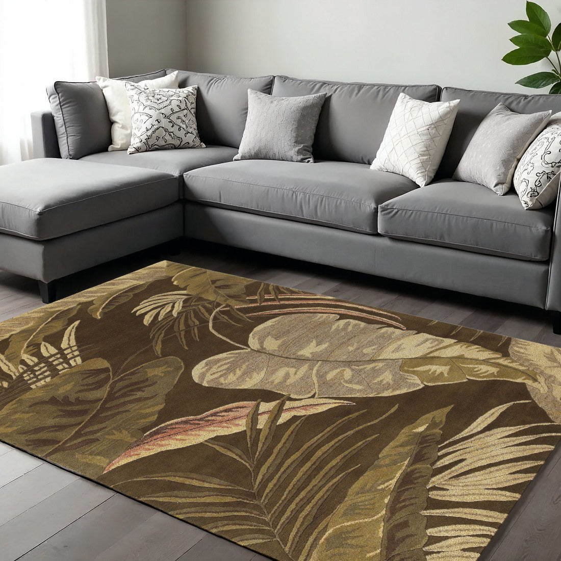 8' X 10' Brown And Beige Wool Botanical Leaves Hand Tufted Area Rug-Area Rugs-DECOROLALA