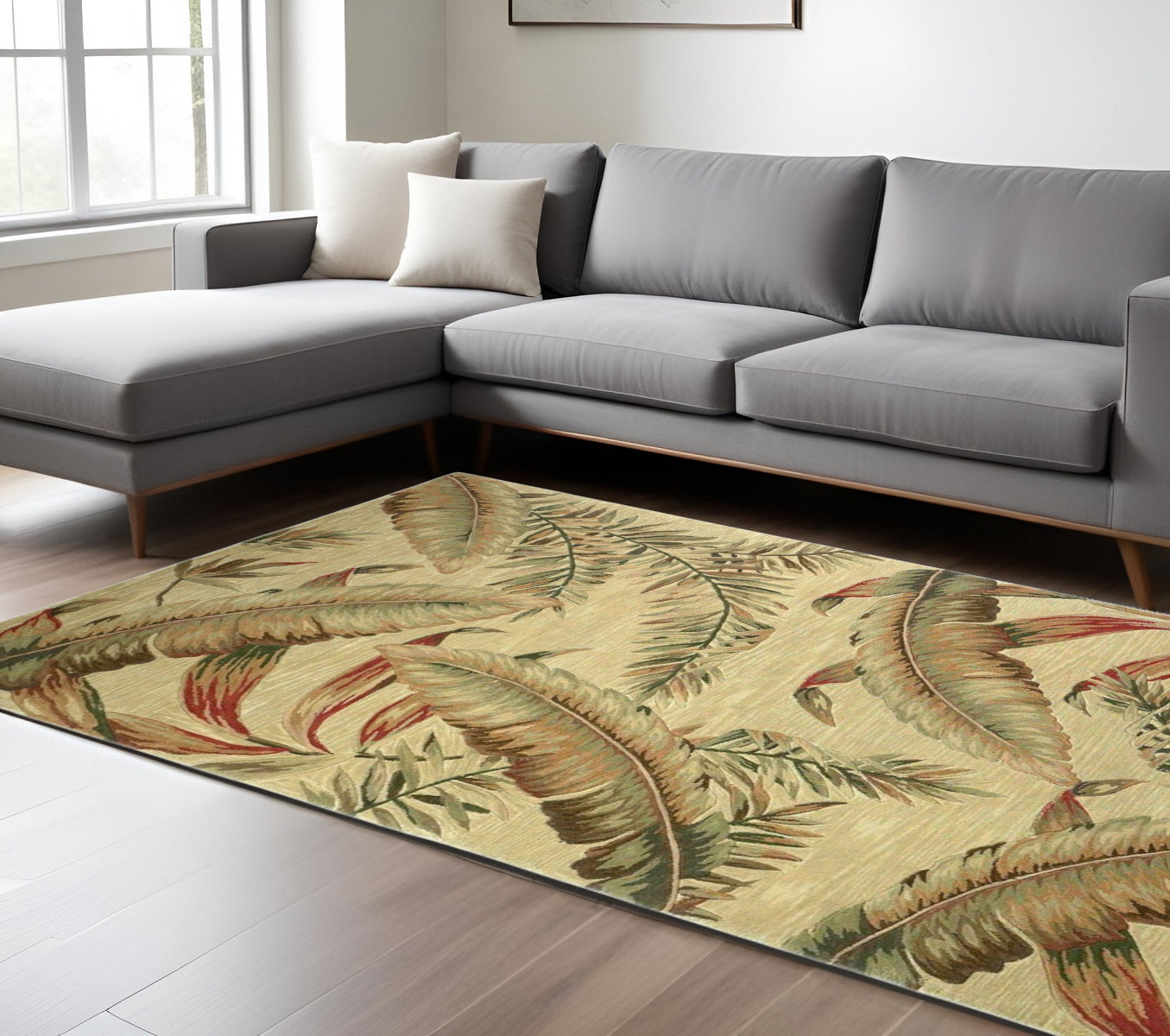 8' X 10' Brown Green And Red Wool Tropical Botanical Hand Tufted Area Rug-Area Rugs-DECOROLALA