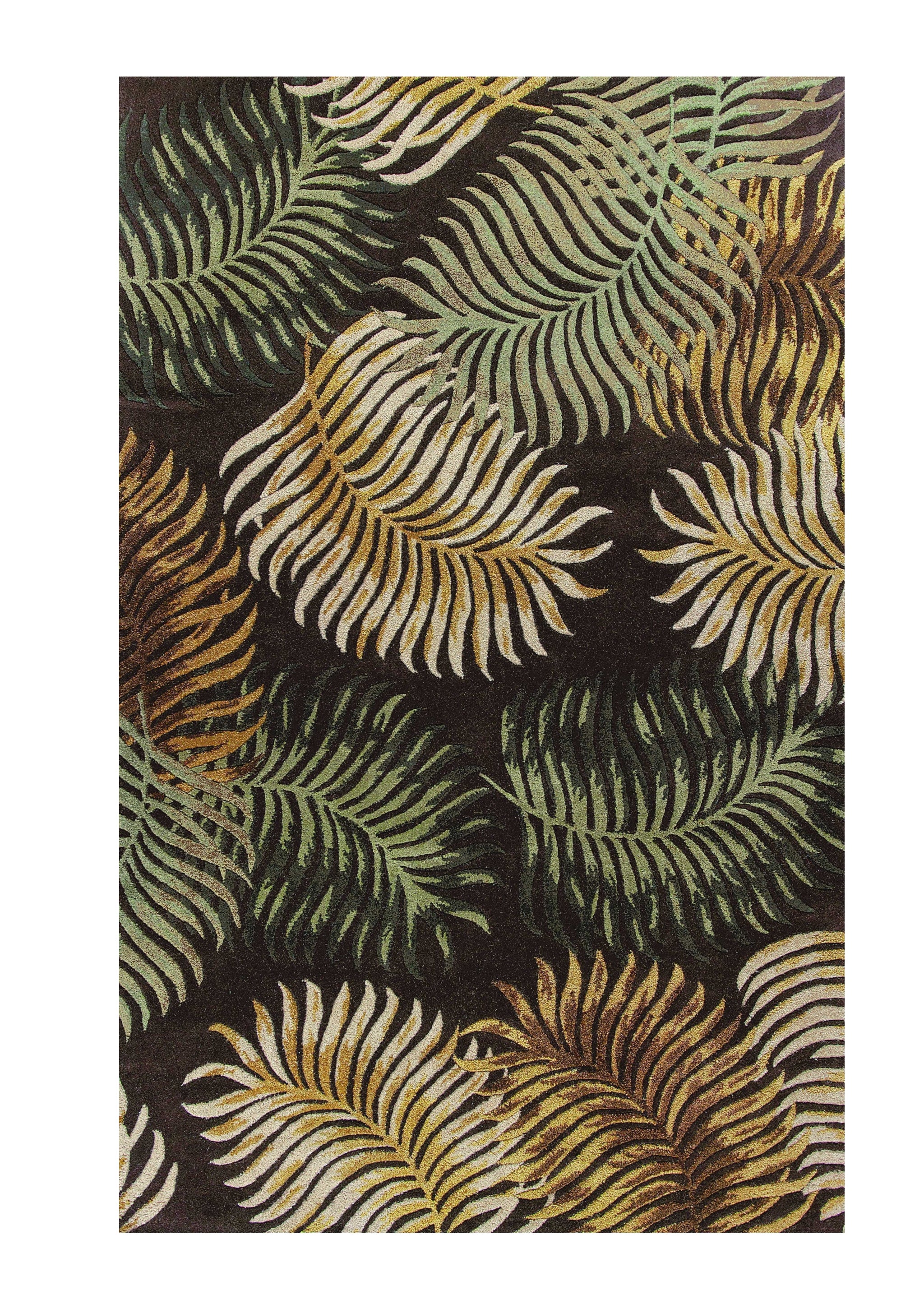 8' X 10' Espresso Beige And Green Wool Botanical Leaves Hand Tufted Area Rug-Area Rugs-DECOROLALA