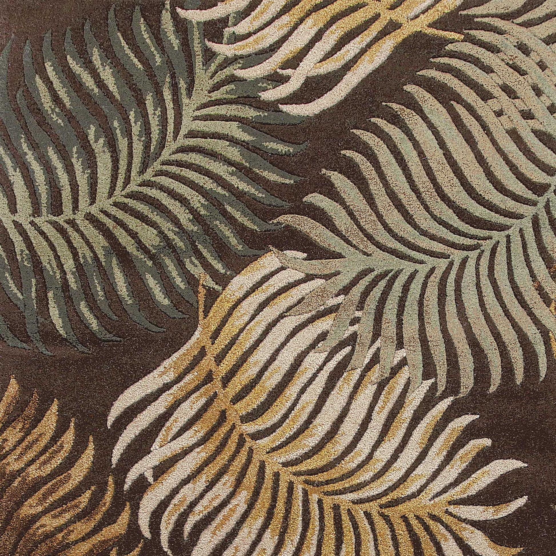 8' X 10' Espresso Beige And Green Wool Botanical Leaves Hand Tufted Area Rug-Area Rugs-DECOROLALA