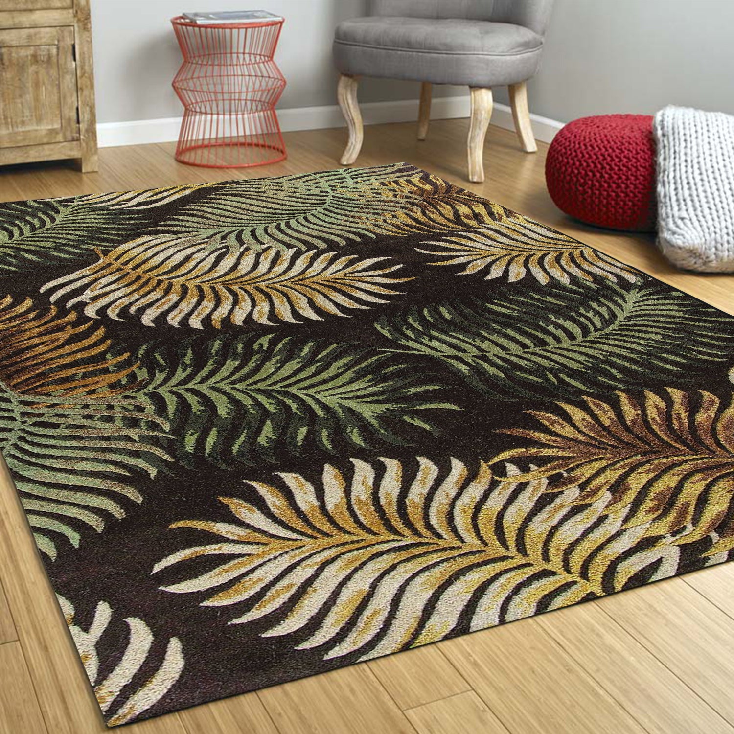 8' X 10' Espresso Beige And Green Wool Botanical Leaves Hand Tufted Area Rug-Area Rugs-DECOROLALA