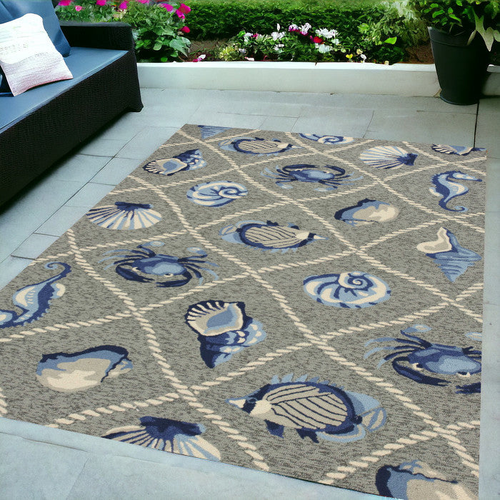 8' X 10' Gray Abstract Indoor Outdoor Area Rug-Outdoor Rugs-DECOROLALA