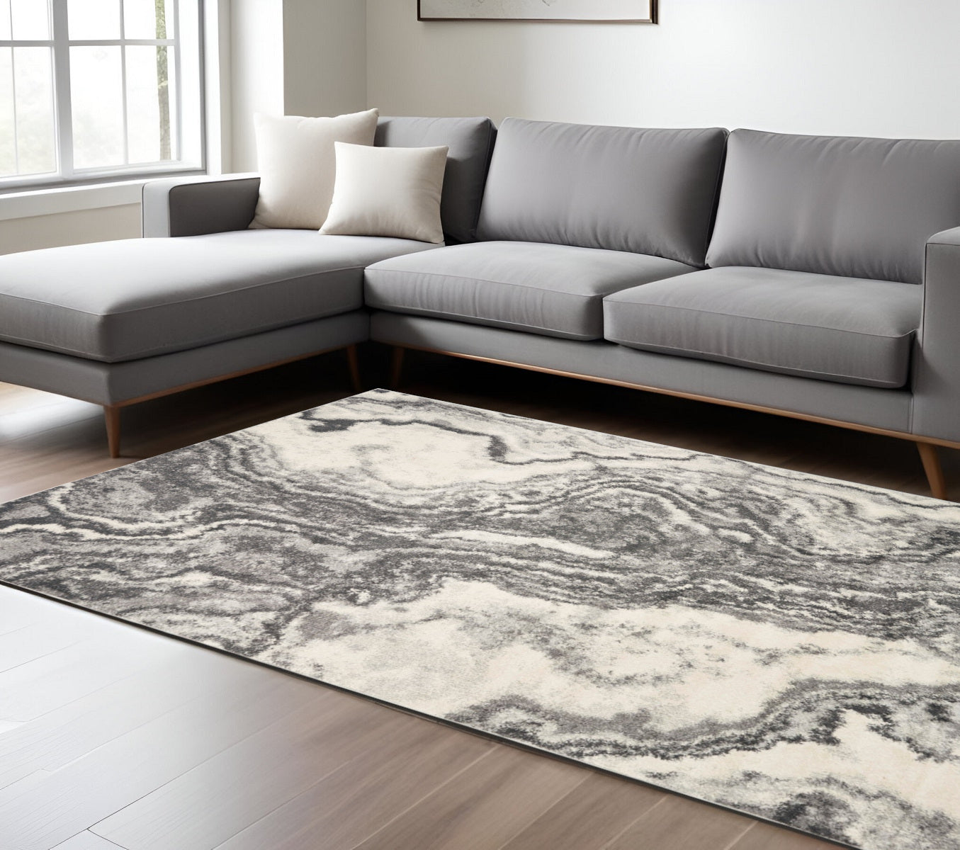 8' X 10' Gray And Ivory Abstract Area Rug-Area Rugs-DECOROLALA