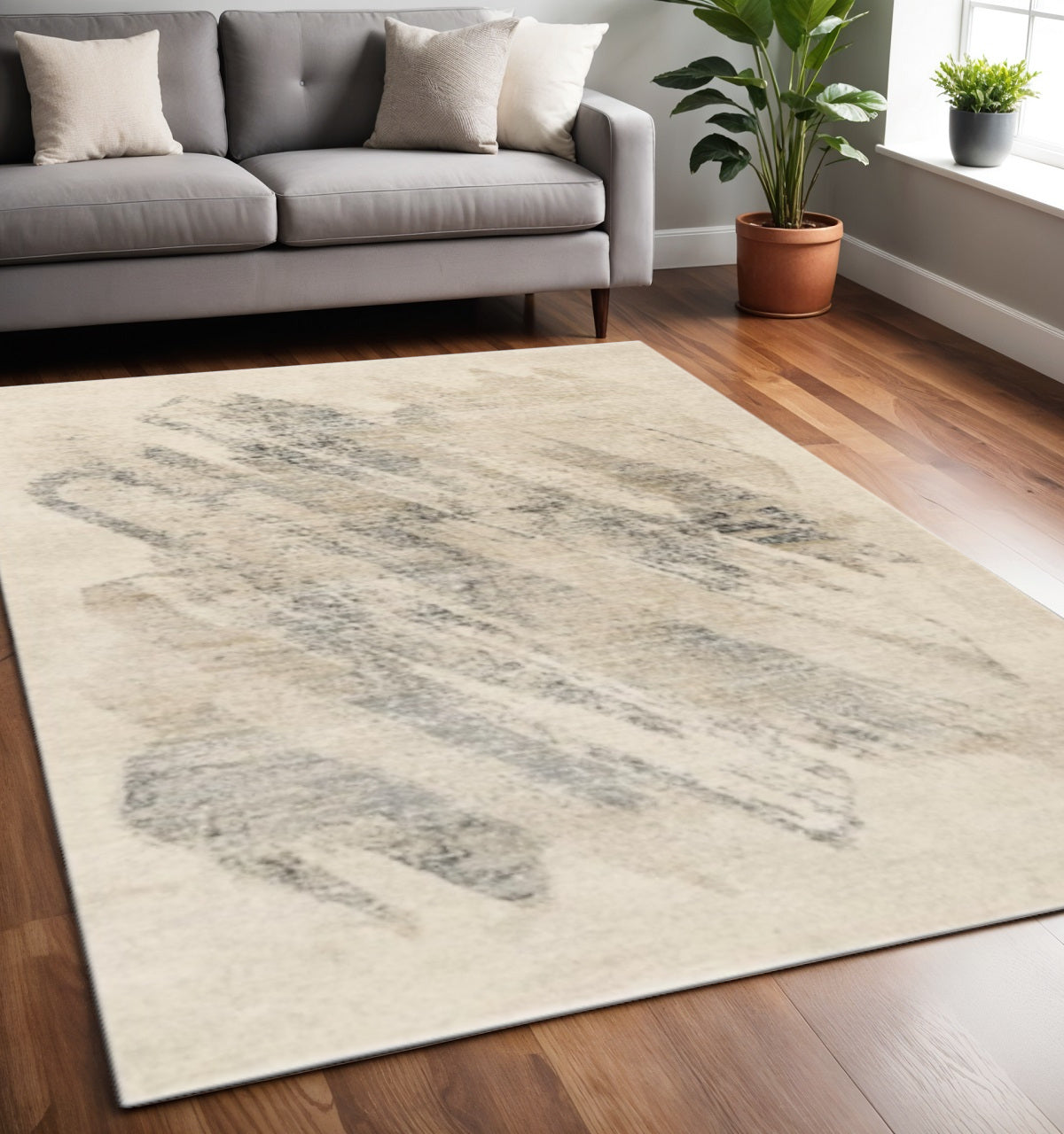 8' X 10' Gray And Ivory Abstract Area Rug-Area Rugs-DECOROLALA