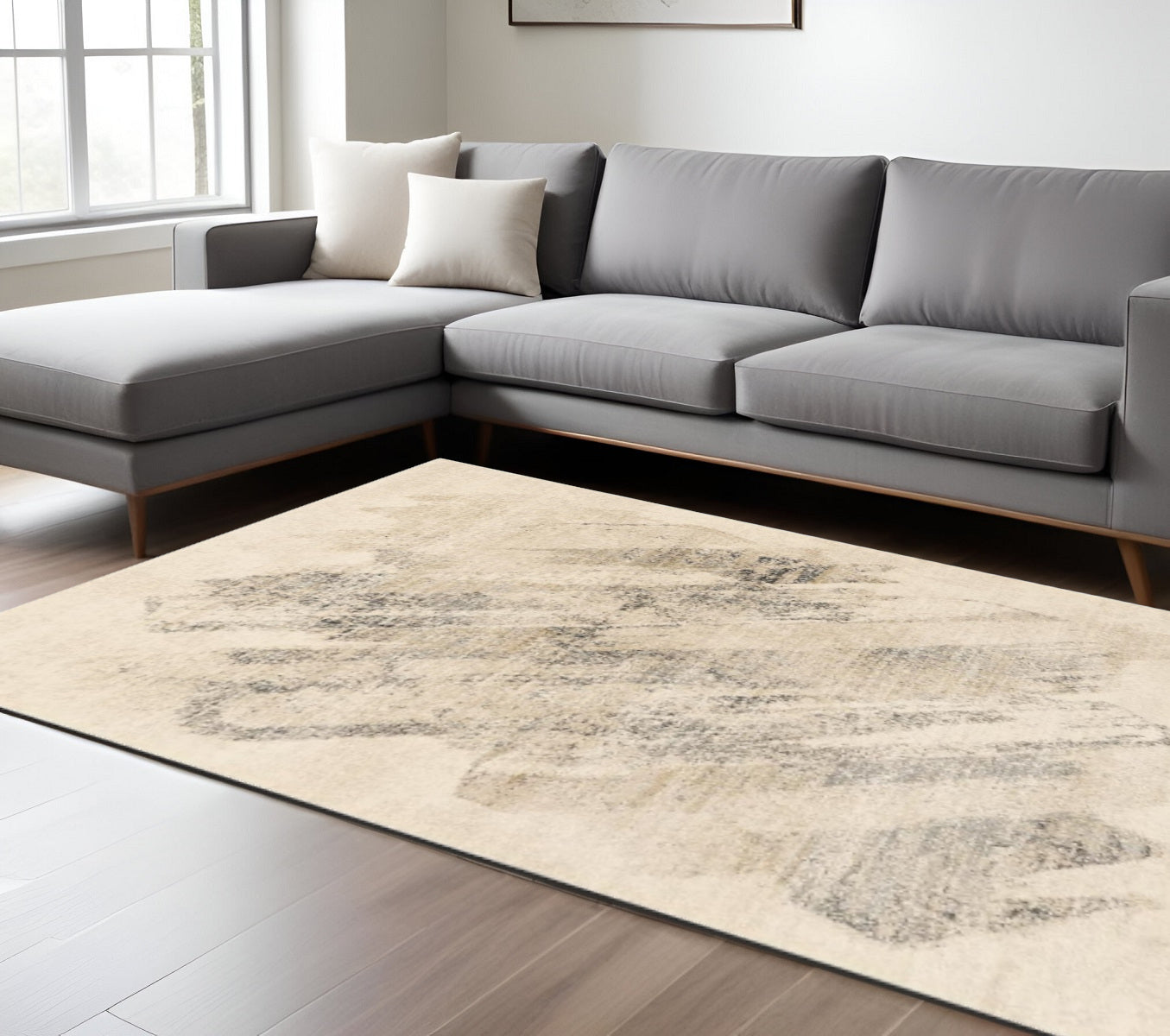 8' X 10' Gray And Ivory Abstract Area Rug-Area Rugs-DECOROLALA