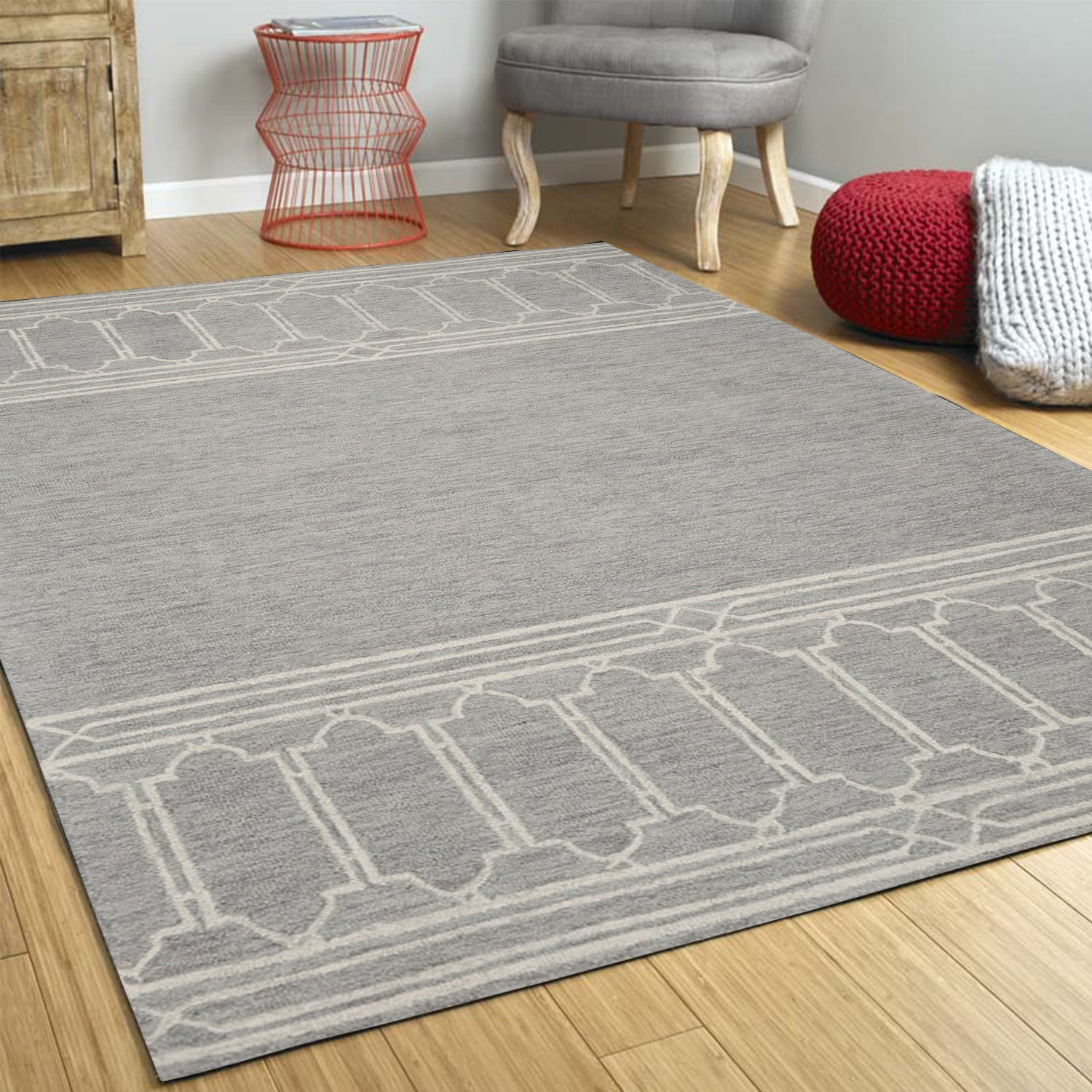 8' X 10' Gray And Ivory Wool Geometric Hand Tufted Area Rug-Area Rugs-DECOROLALA