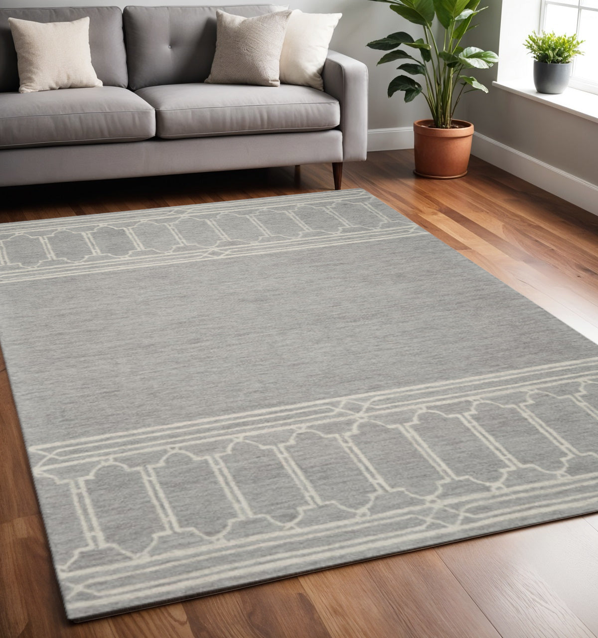 8' X 10' Gray And Ivory Wool Geometric Hand Tufted Area Rug-Area Rugs-DECOROLALA
