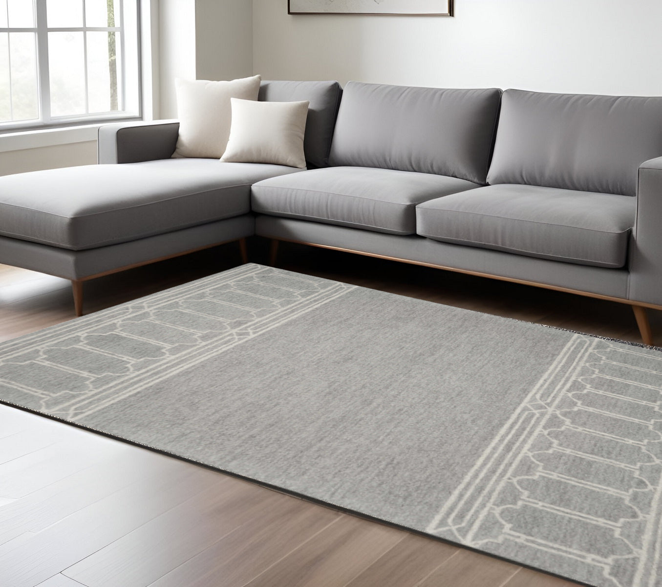 8' X 10' Gray And Ivory Wool Geometric Hand Tufted Area Rug-Area Rugs-DECOROLALA