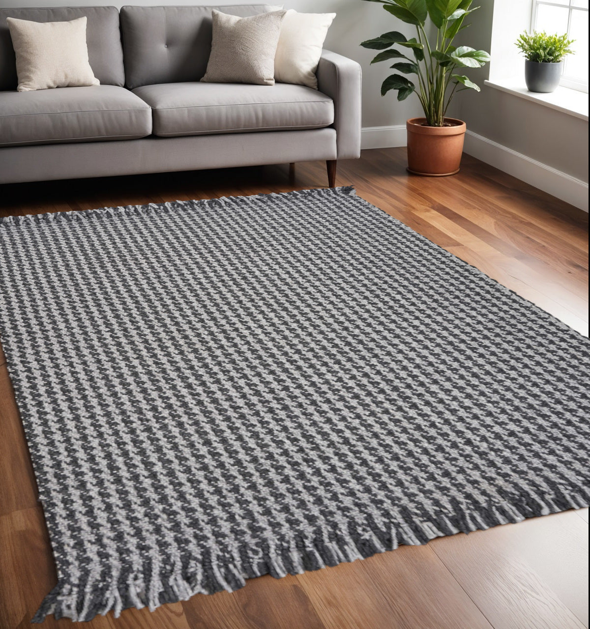 8' X 10' Gray And Light Gray Wool Houndstooth Hand Woven Area Rug With Fringe-Area Rugs-DECOROLALA