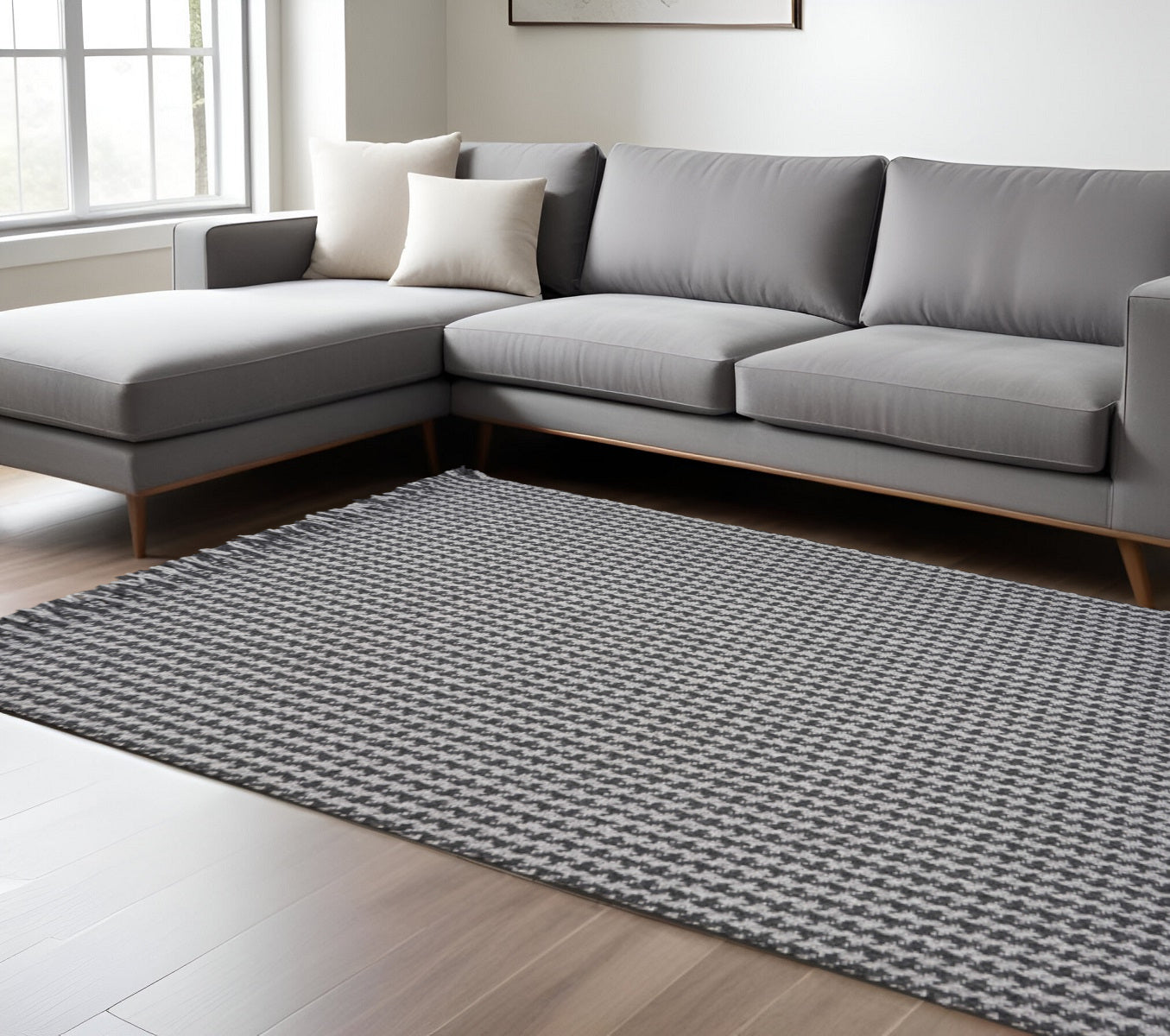 8' X 10' Gray And Light Gray Wool Houndstooth Hand Woven Area Rug With Fringe-Area Rugs-DECOROLALA