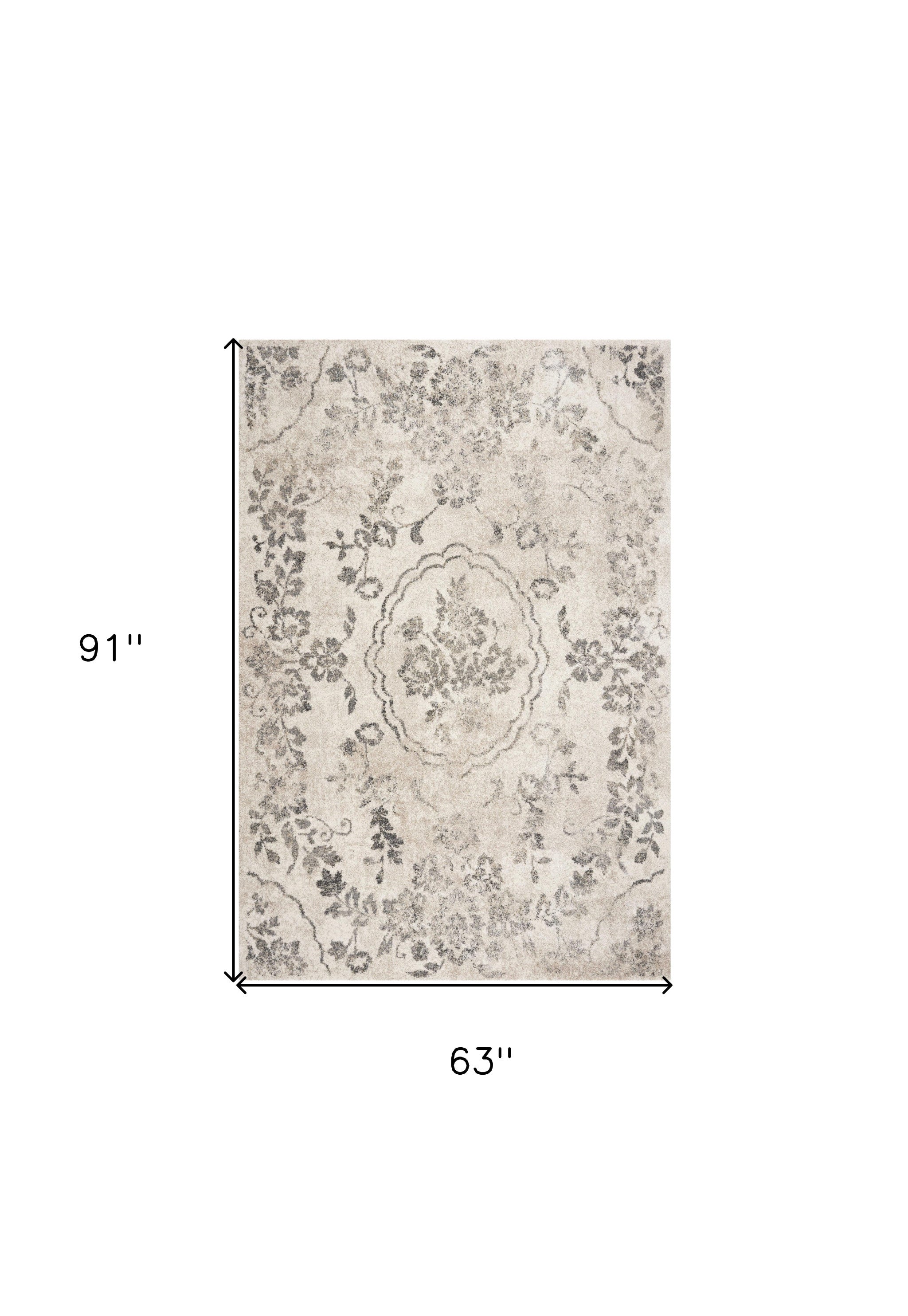 8' X 10' Gray And Tan Floral Distressed Area Rug-Area Rugs-DECOROLALA