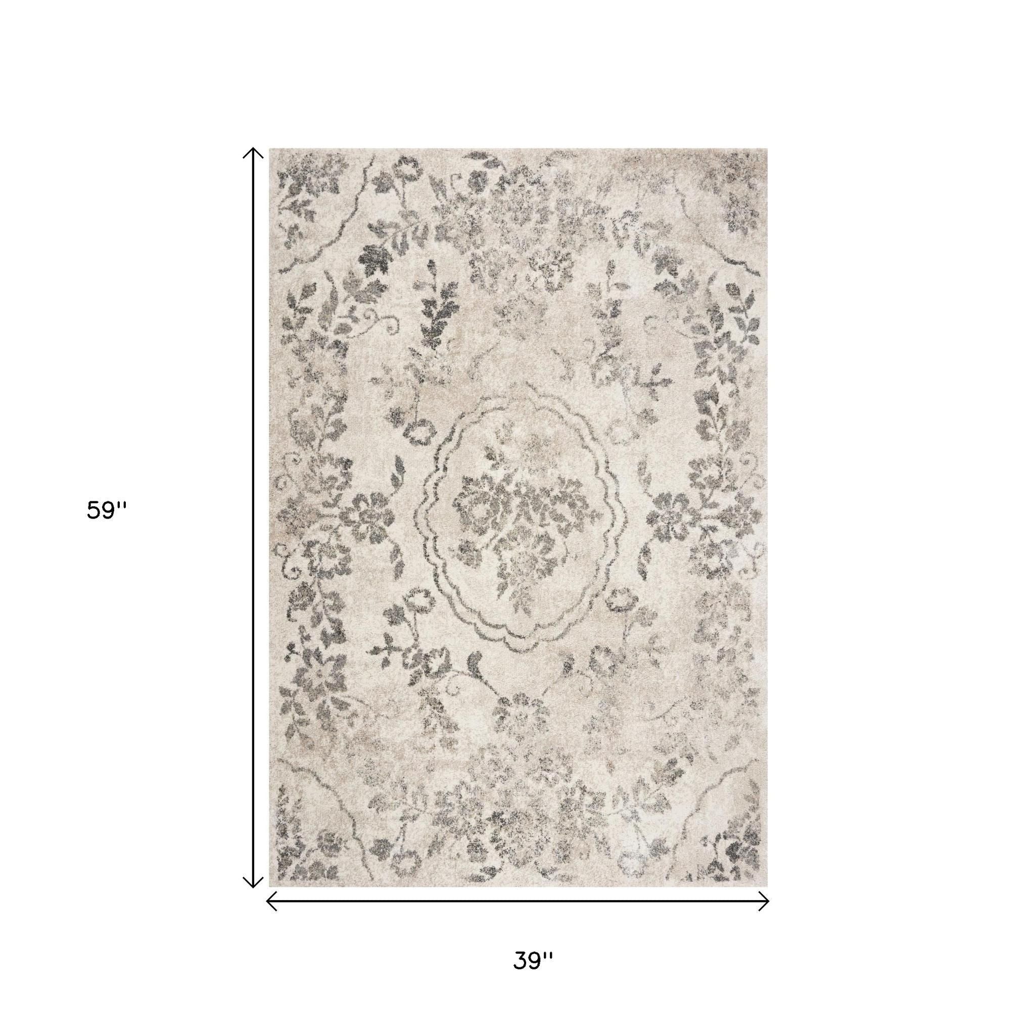 8' X 10' Gray And Tan Floral Distressed Area Rug-Area Rugs-DECOROLALA